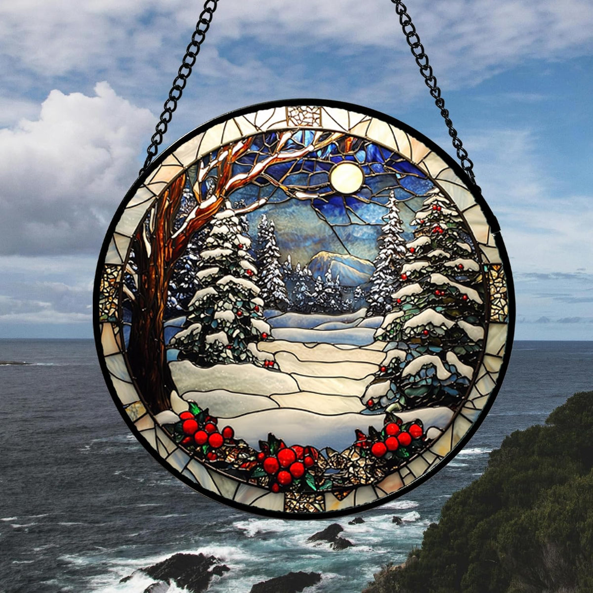 Stained Glass Window Hanging Christmas Tree Winter Snow Night Scenery Large 14.9" - Suncatcher Door