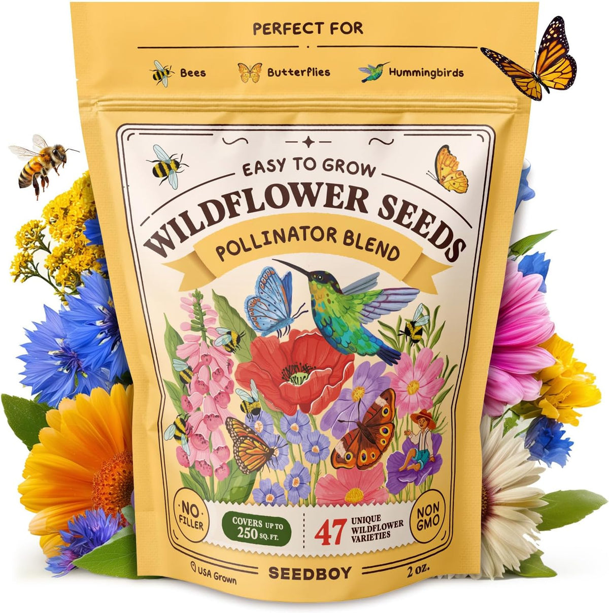 Seedboy Wildflowers for Pollinators Seed Mix – 2 oz Bulk Wildflower Seeds - 40,000+ Non-GMO Seeds