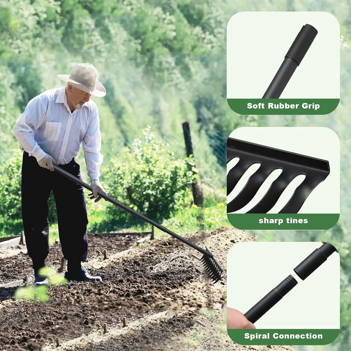 60" Bow Rake 12 Tines Metal Head Rakes with Adjustable Handle, Thatch Rake for Gathering Thatch