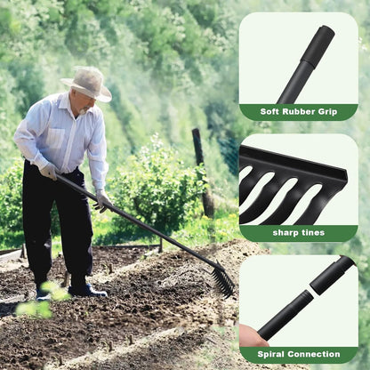 60" Bow Rake 12 Tines Metal Head Rakes with Adjustable Handle, Thatch Rake for Gathering Thatch