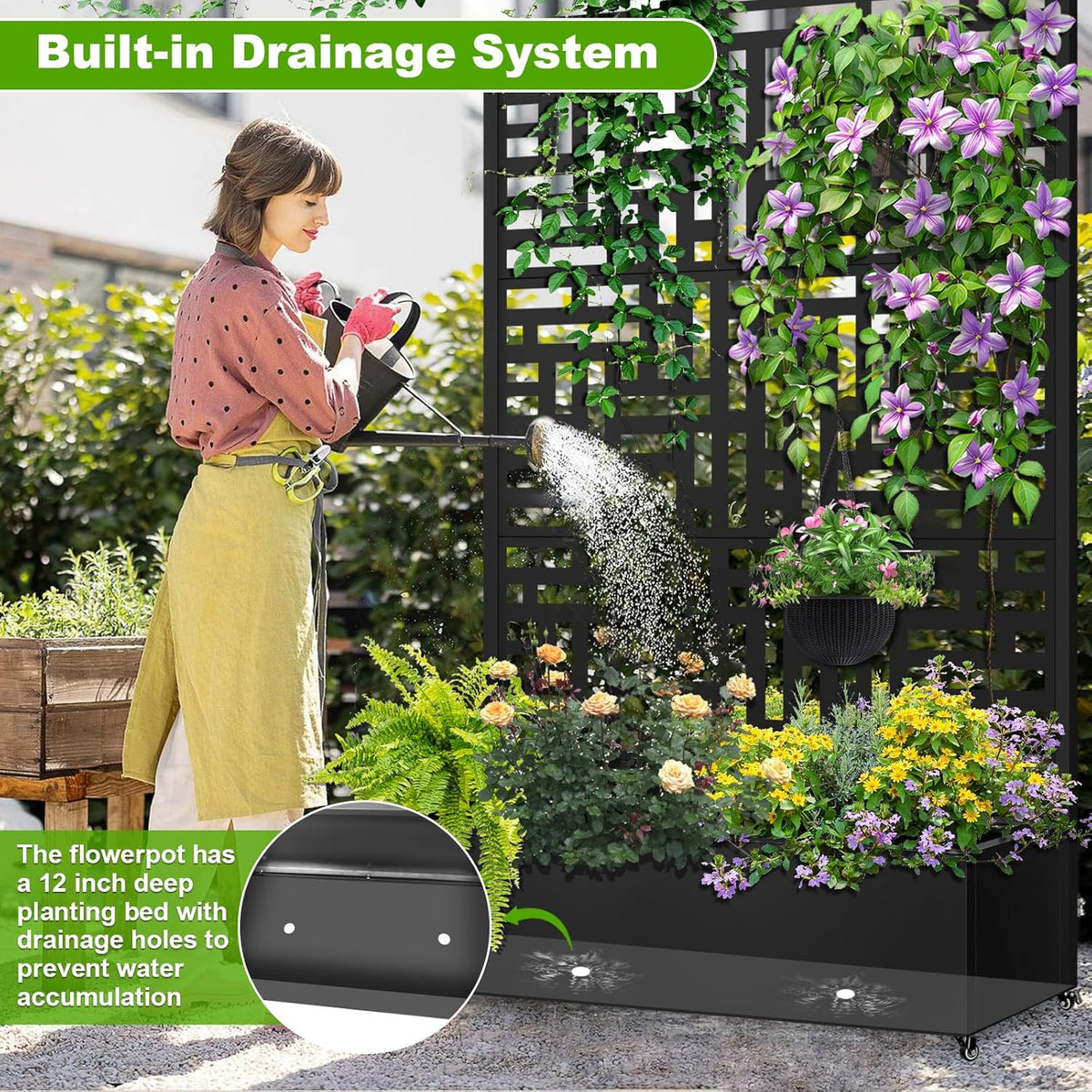 Metal Planter Box with Trellis, 72"x47"x16" Metal Raised Garden Bed with Trellis, Trellis Planter