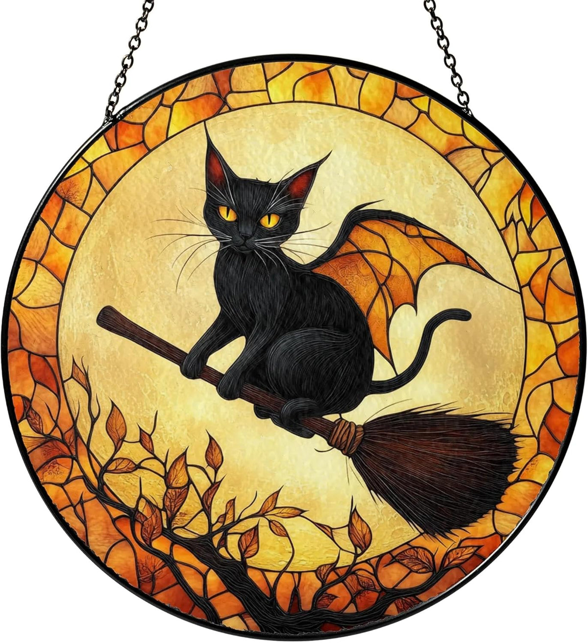 Black Cat Stained Glass Suncatcher, Halloween Cat Witch Window Hanging Decor, Pumpkin Spooky