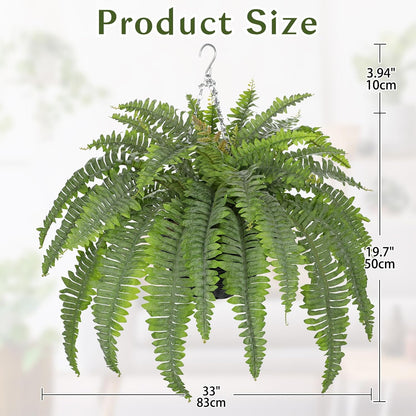 Hollyone 33" Artificial Boston Fern Hanging Basket Large 39 Leaves Fake Ferns in Rattan Pot
