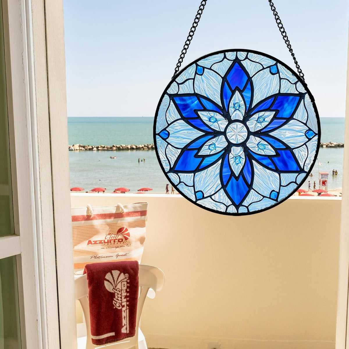 Stained Glass Window Hanging, Blue Tiffany Style Flowers Sun Catcher for Window Door Home Decor