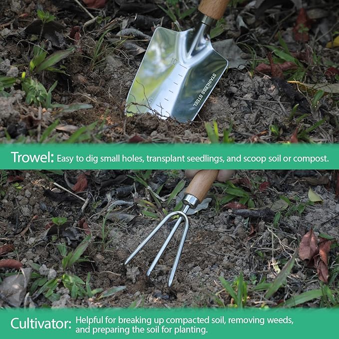 LeMotech Garden Tool Set, 2Pcs Gardening Hand Tools, Stainless Steel Trowel and Cultivator with