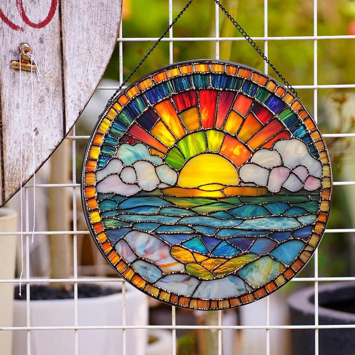 20cm/7.87inch Hanging Stained Glass for Windows,Sunrise Stained Glass Suncatcher Garden Hangings
