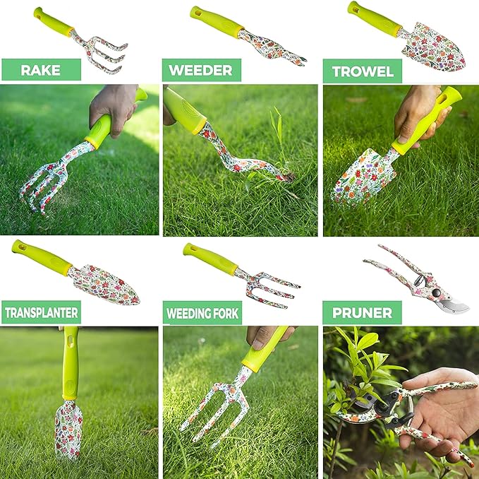 Garden Tool Set 9 Piece Heavy Duty Aluminum Gardening Hand Tools Kit Cute Gardening Supplies with