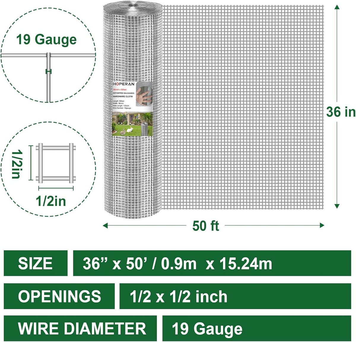 HOPERAN Hardware Cloth 1/2 Inch 36 x 50 ft - 19 Gauge Chicken Wire Fencing, Galvanized Wire Mesh
