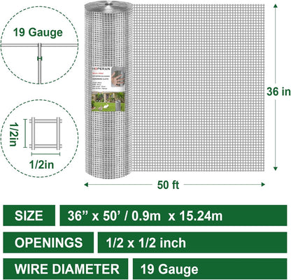 HOPERAN Hardware Cloth 1/2 Inch 36 x 50 ft - 19 Gauge Chicken Wire Fencing, Galvanized Wire Mesh