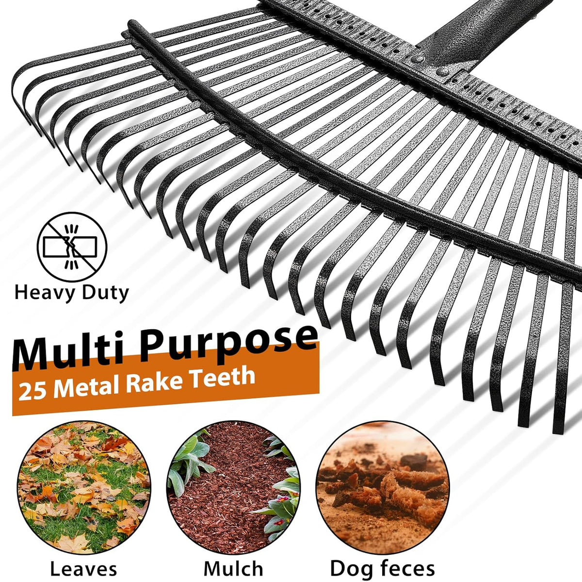 Rake for Leaves: Large 18" Wide Metal Leaf Rake, 65” Long Handle,25 Tines,Heavy Duty Graden Rakes