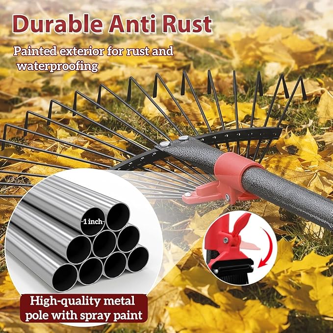 91 Inch Rake for Leaves , Adjustable 18 Tines with Expandable Head 9-18in Grass Rake Heavy Duty