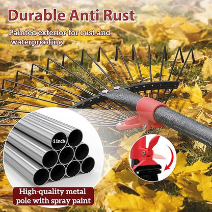 91 Inch Rake for Leaves , Adjustable 18 Tines with Expandable Head 9-18in Grass Rake Heavy Duty