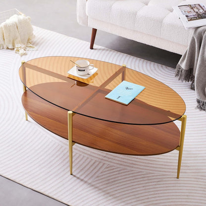 Oval Glass Coffee Table, Mid-Century Modern Design, L43 x W22 x H17 inch, 2-Tier Structure, Olive