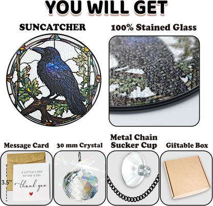 7.8" Crow Stained Glass Suncatchers Art Glass Ravens for Sun Catcher Indoor Gothic Gifts for Pet