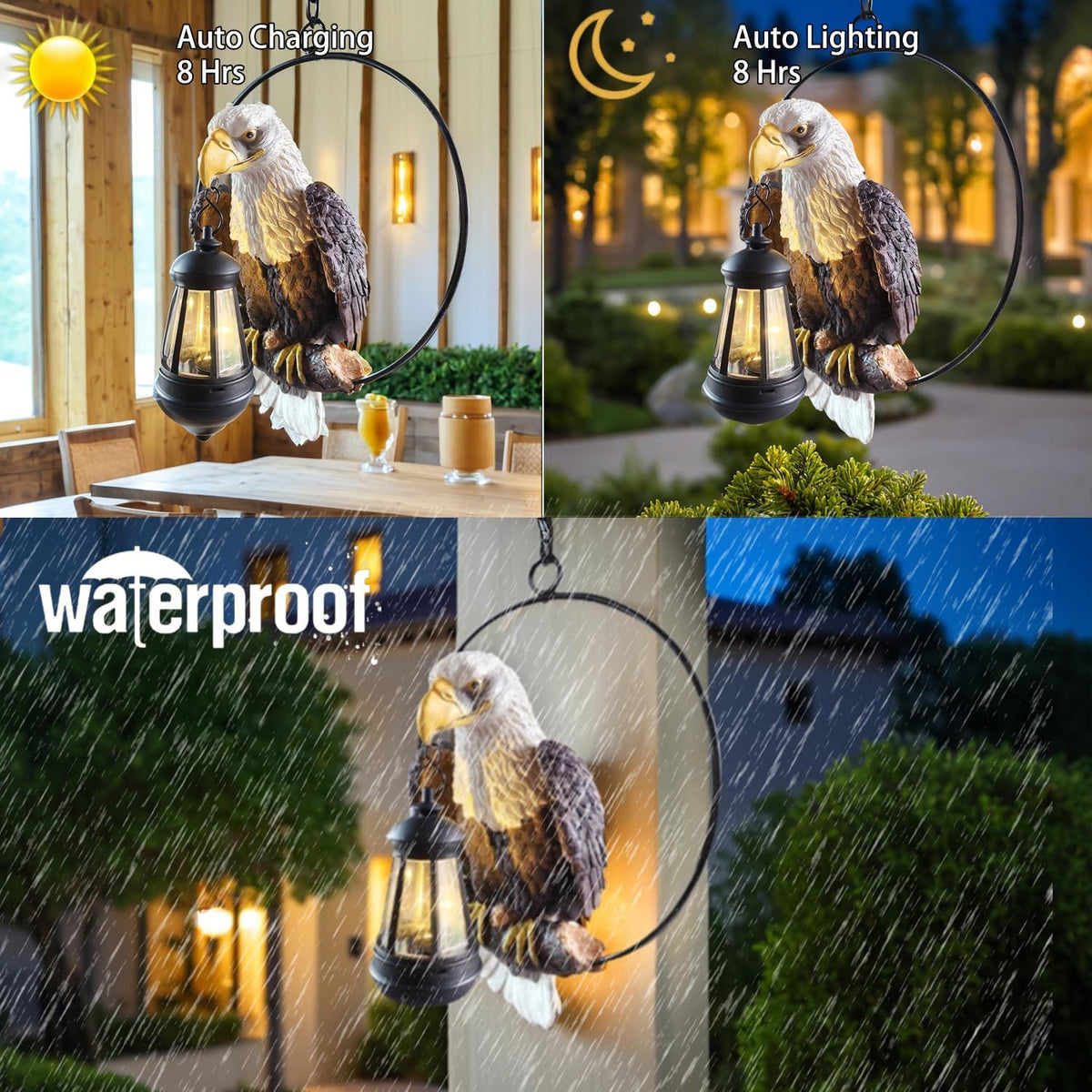 American Bald Eagle Statue with Solar Light - 11.81-inch Yard Art Resin Bald Eagle Decoration,for