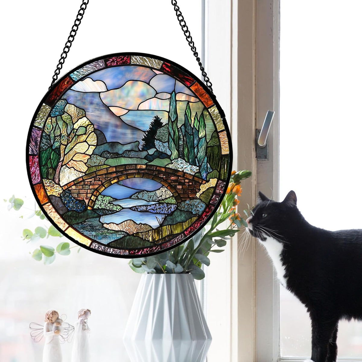 Stained Glass Window Hanging, Blue Landscape Arch Bridge Sun Catcher for Door Home Decor Suncatcher