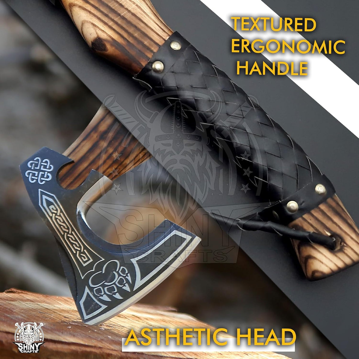 SHINY CRAFTS®- Decorative Viking Axe – Unique Gift for Dad Carbon Steel Blade with Leather Handle