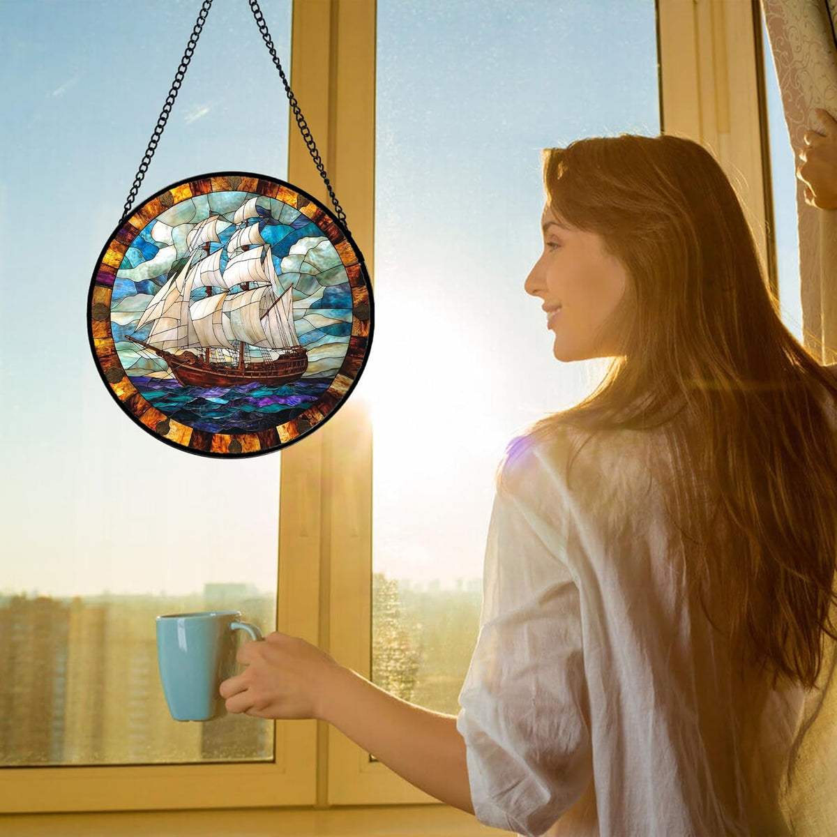 Stained Glass Window Hanging, Sailing Ocean Sun Catchers Glass Panel Navigation Suncatcher Decor