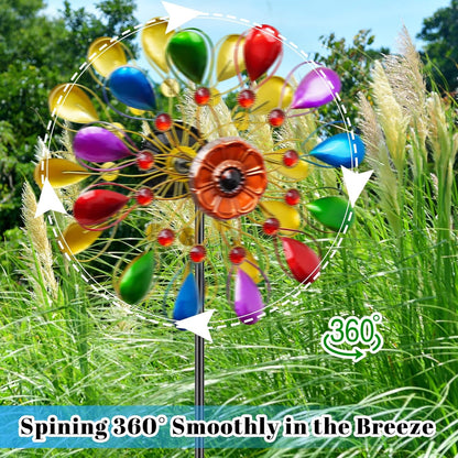 64 inch Garden Wind Spinner, Outdoor Wind Sculpture with 5 Prong Base Stand, Metal Windmill for