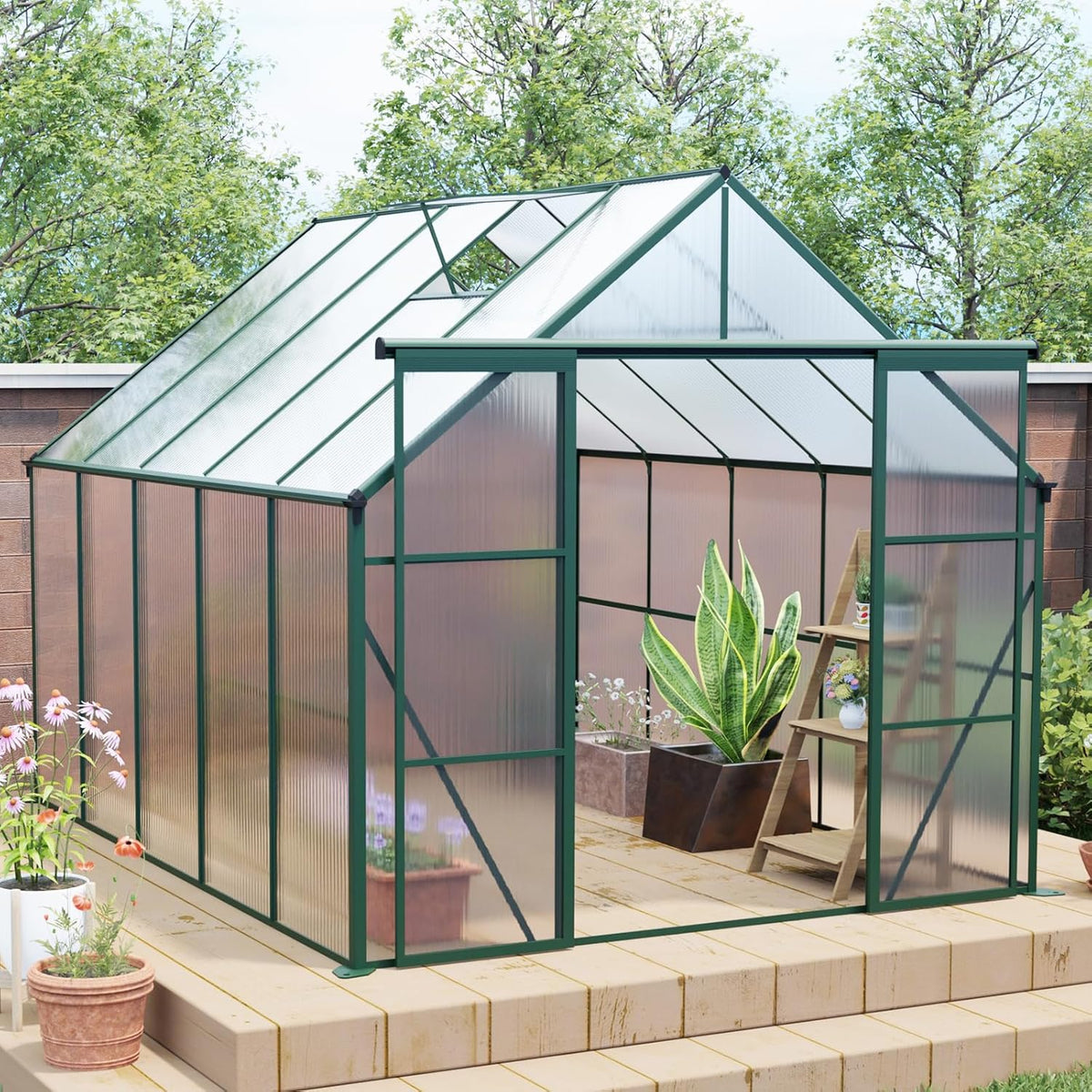 KEIKI 8x10 FT Double Door Polycarbonate Greenhouse with Aluminum Frame,Raised Base and Roof