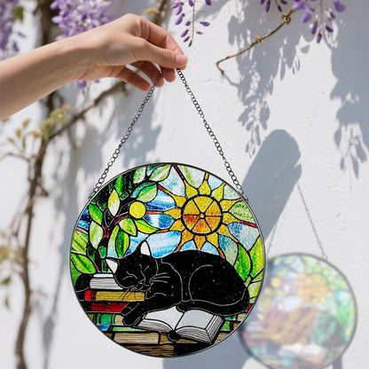 Stained Glass Window Hanging, 8 Inch Black Cat on Book Stained Glass Suncatcher, Window Decor