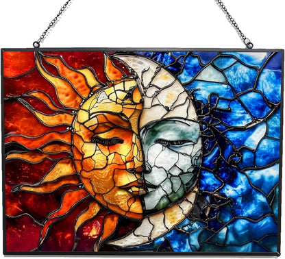 Rectangle Sun and Moon Suncatchers for Windows, Stained Glass Window Hangings,Hand-Painted Glass