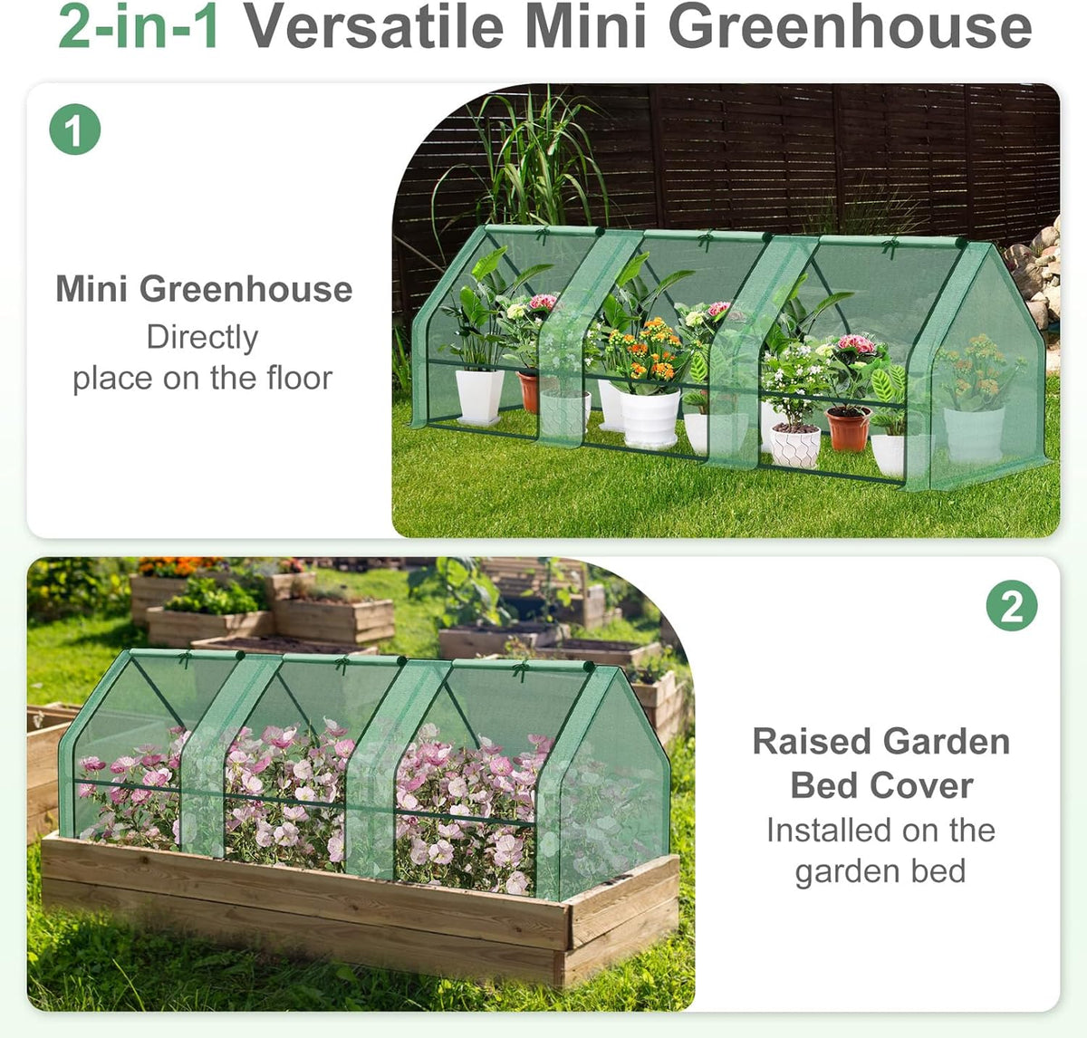 Aoodor 9 x 3 x 3 ft Mini Greenhouse with 3 Zipper Doors, Water-Resistant, UV-Protected for Flowers