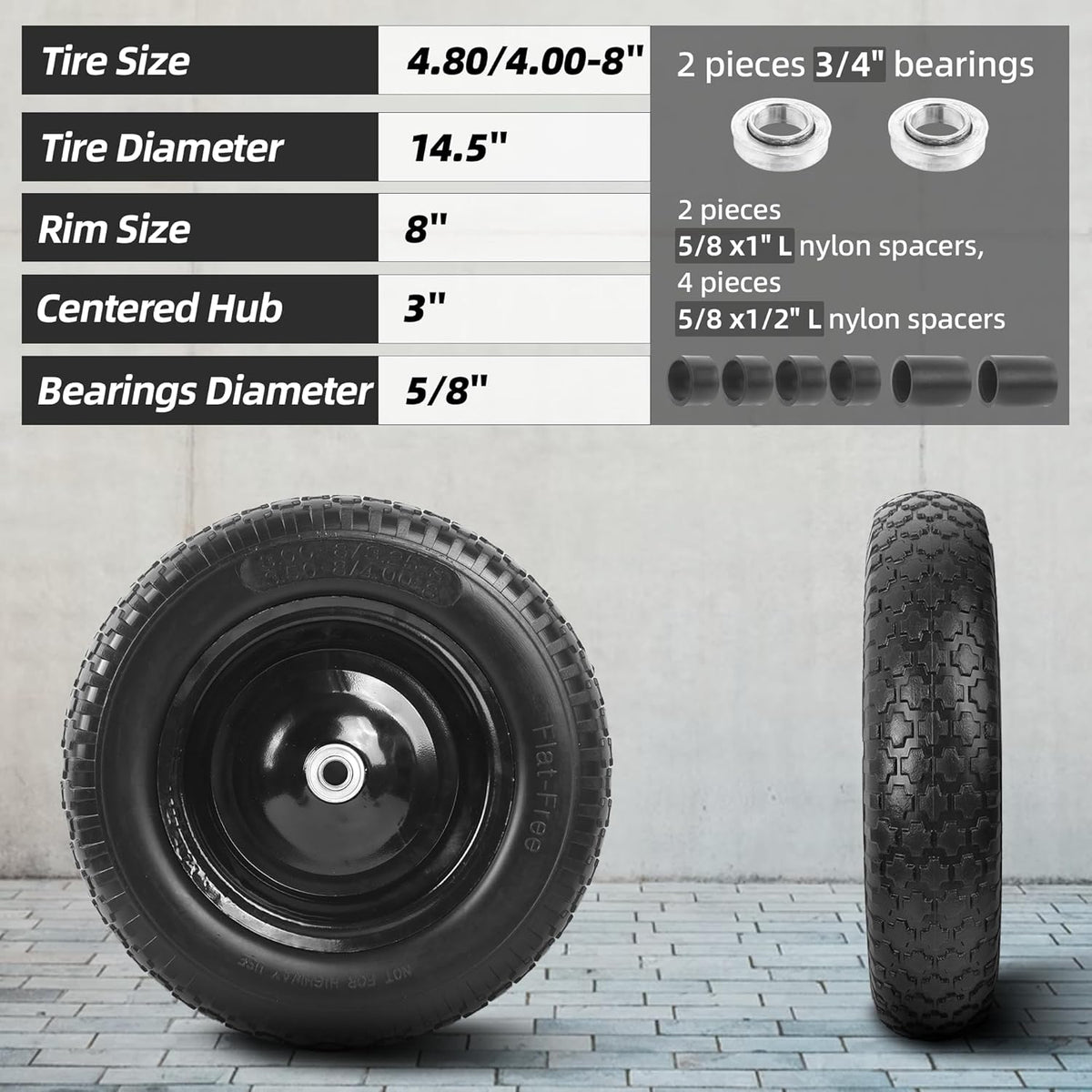 AR-PRO 4.80/4.00-8" Flat Free Tire and Wheel - 14.5" Solid Wheelbarrow Tires with 3" -7" Centered