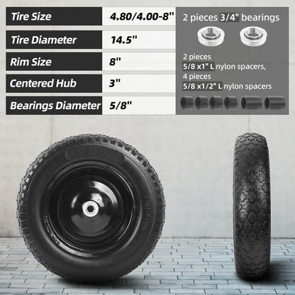 AR-PRO 4.80/4.00-8" Flat Free Tire and Wheel - 14.5" Solid Wheelbarrow Tires with 3" -7" Centered