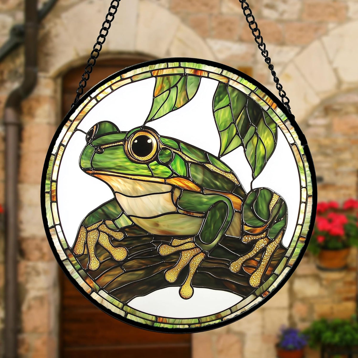 Stained Glass Window Hanging, Frog Green Leaf Sun Catchers Colorful Glass Panel Cool Suncatcher