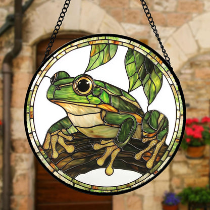 Stained Glass Window Hanging, Frog Green Leaf Sun Catchers Colorful Glass Panel Cool Suncatcher