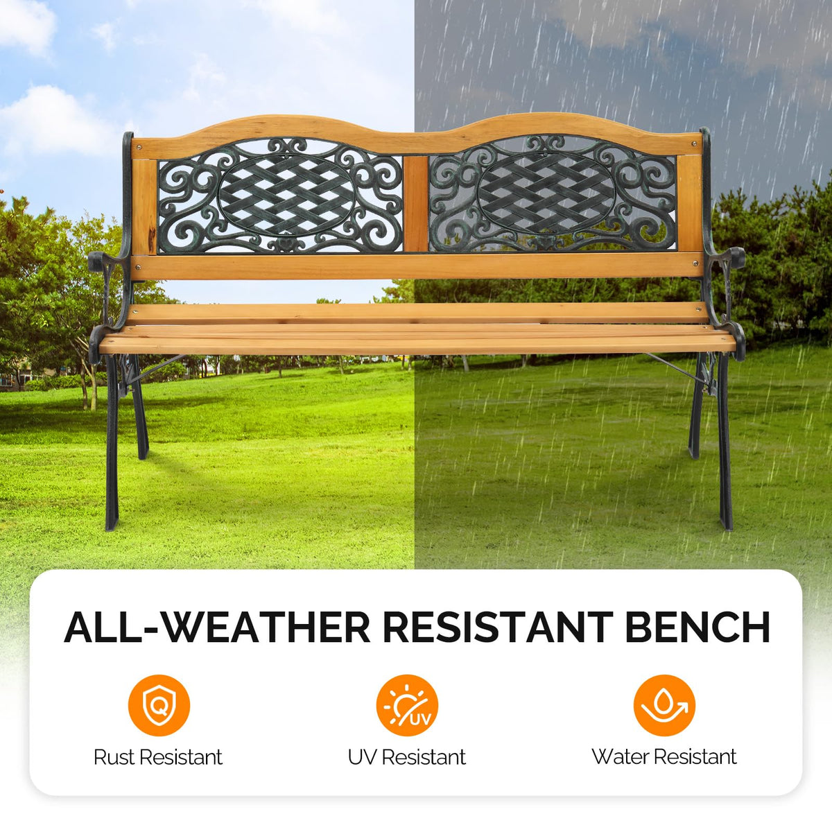 VINGLI Classic Cast Iron & Teak Arched Back Rectangular Outdoor Bench, 3-Seater, 470 lbs Capacity