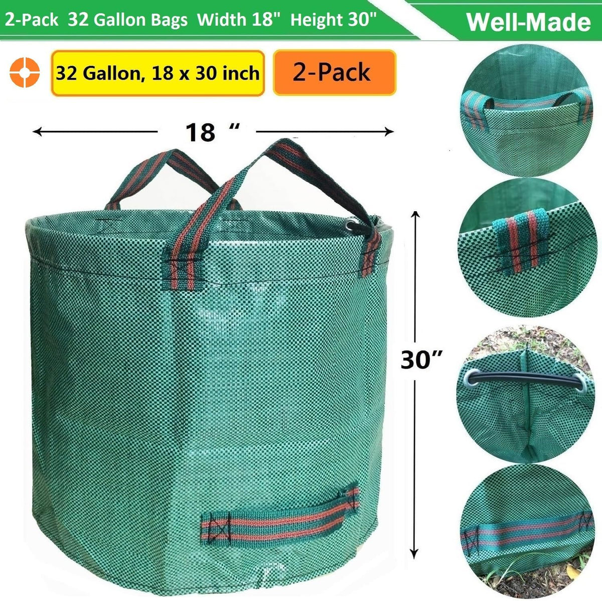 Standard 2-Pack 32 Gallon Yard Garden Bags (D18, H30 inch) with Gardening Gloves for Yard