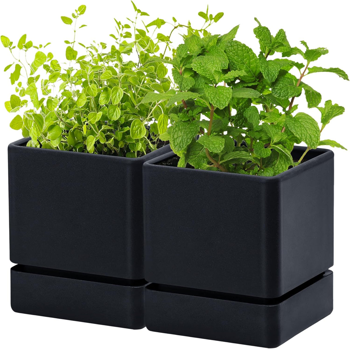 4 Inch Herb Planter Pot, Plastic Planter with Drainage Holes and Saucer, Modern Decorative