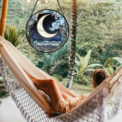 Stained Glass Window Hanging - Abstract Sea of Clouds Moon Sun Catcher for Door Terrace Garden Home