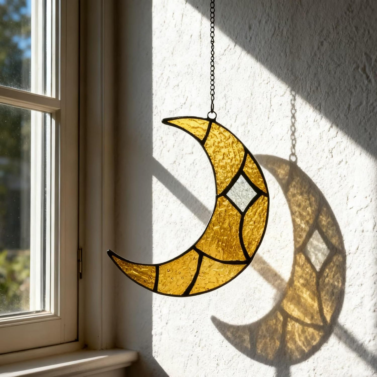 Moon Stained Glass Window Hanging Suncatchers，Handcrafted Art Glass Crescent Moon Decorations
