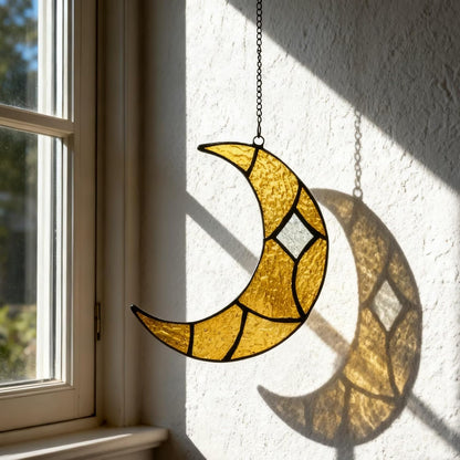Moon Stained Glass Window Hanging Suncatchers，Handcrafted Art Glass Crescent Moon Decorations