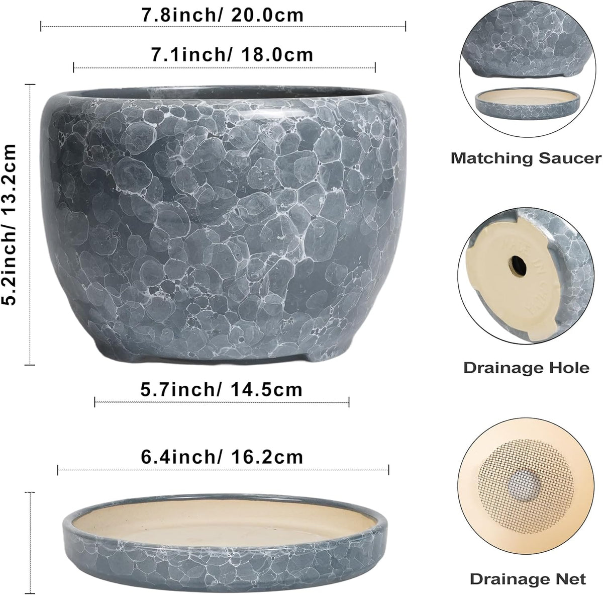 SQOWL 8 inch Plant pots Indoor - Ceramic Planter with Drainage Hole and Plant Saucer, Decorative
