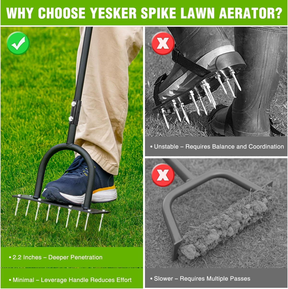 Yesker Lawn Aerator Spike Tool – Manual Metal Soil Aerator with 9 Iron Spikes, Dethatching Lawn