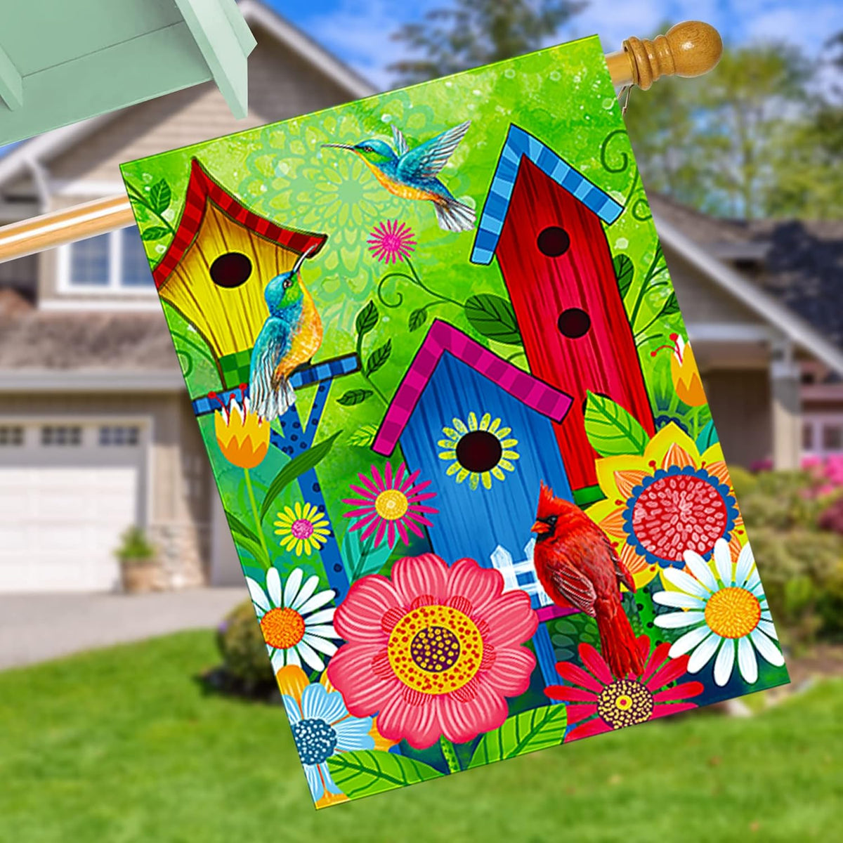 Bird Fall sunflower flags outdoor 28x40 double sided Large garden flag, Cardinal Bird house flag