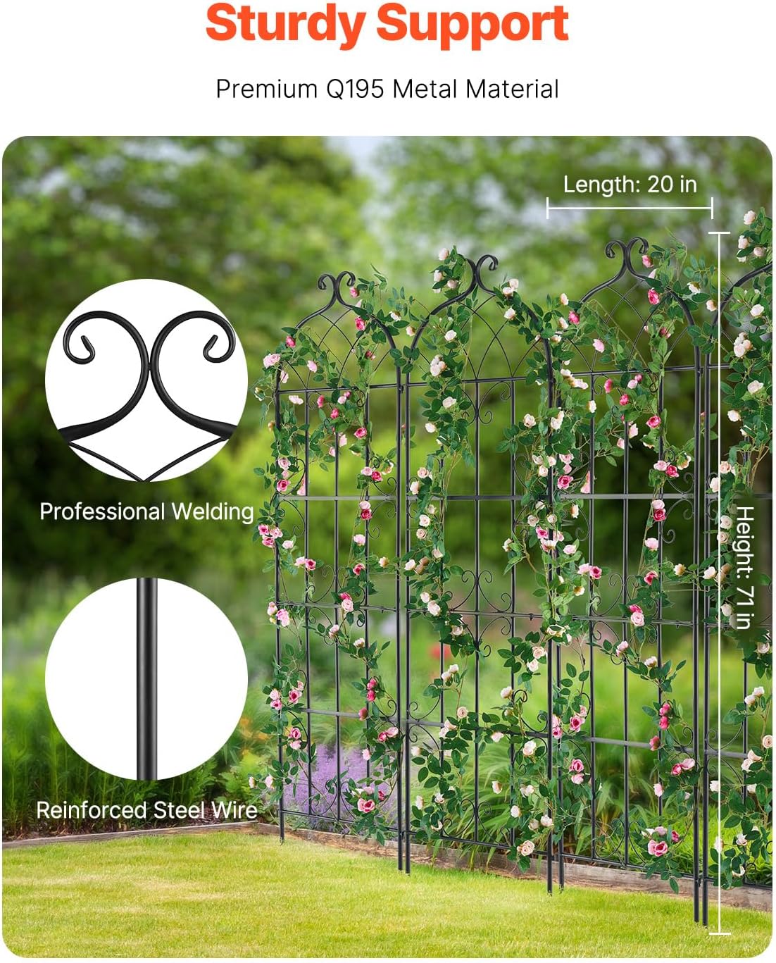 VEVOR Garden Trellis for Climbing Plants, 71 x 20 in, 6 Packs Rustproof Metal Garden Flower