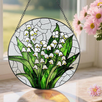 Lily of The Valley Flower Stained Glass Suncatcher, Stained Glass Window Hanging, 8 Inch Green