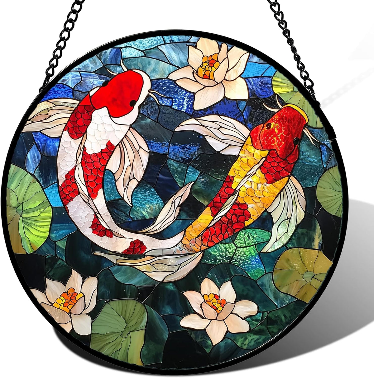Stained Glass Window Hanging, Koi and Lotus Sun Catcher for Door Home Decor Fish Suncatcher