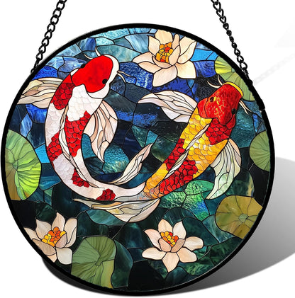 Stained Glass Window Hanging, Koi and Lotus Sun Catcher for Door Home Decor Fish Suncatcher