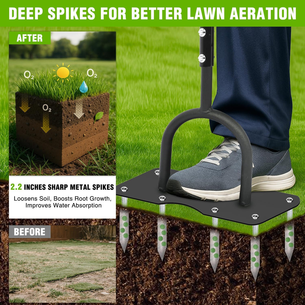 Yesker Lawn Aerator Spike Tool – Manual Metal Soil Aerator with 9 Iron Spikes, Dethatching Lawn