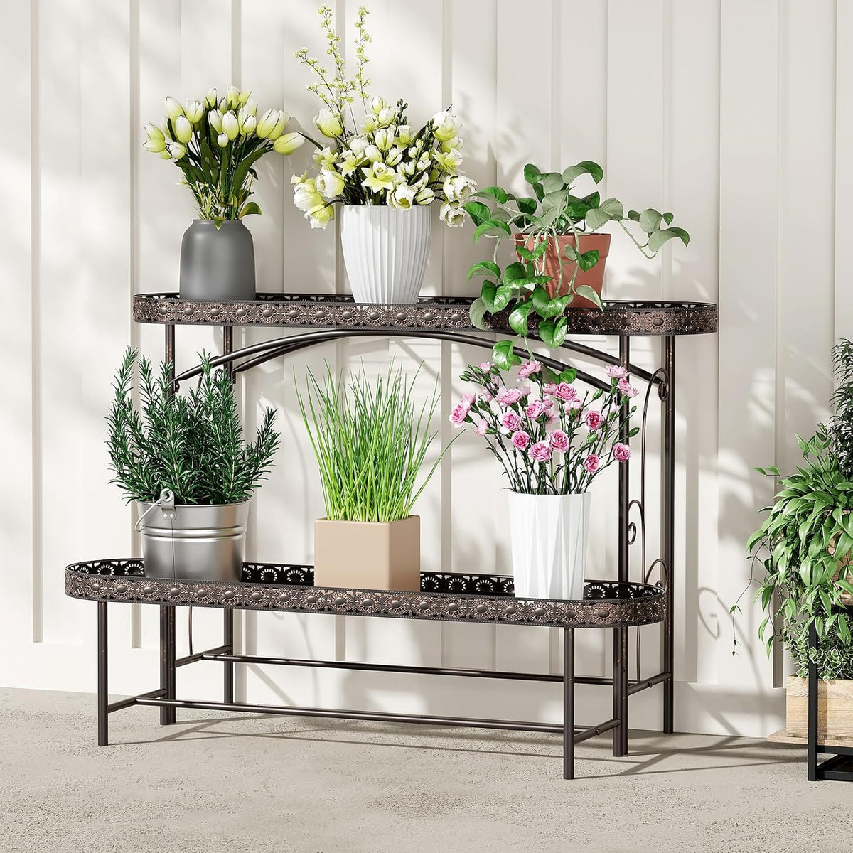 Plant Stand Outdoor Indoor 2 Tier Metal Pland Stand, Detachable Heavy Duty Tall Plant Shelf Rack
