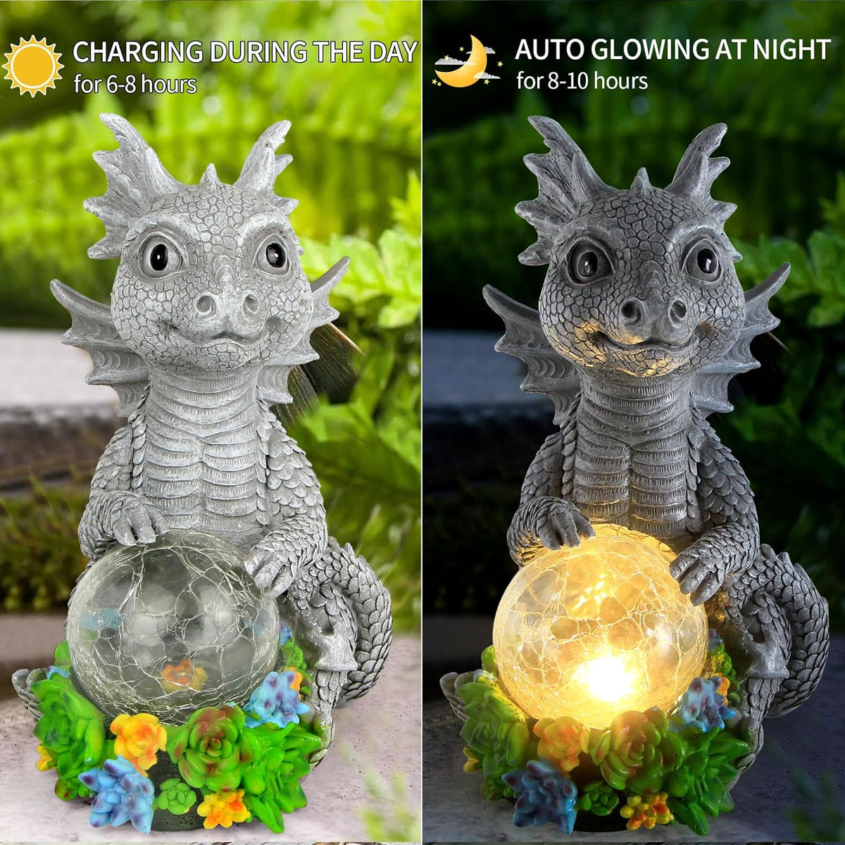 Solar Garden Outdoor Statues Dragon Holding Magic Orb with Solar LED Lights - Lawn Decor Outdoor