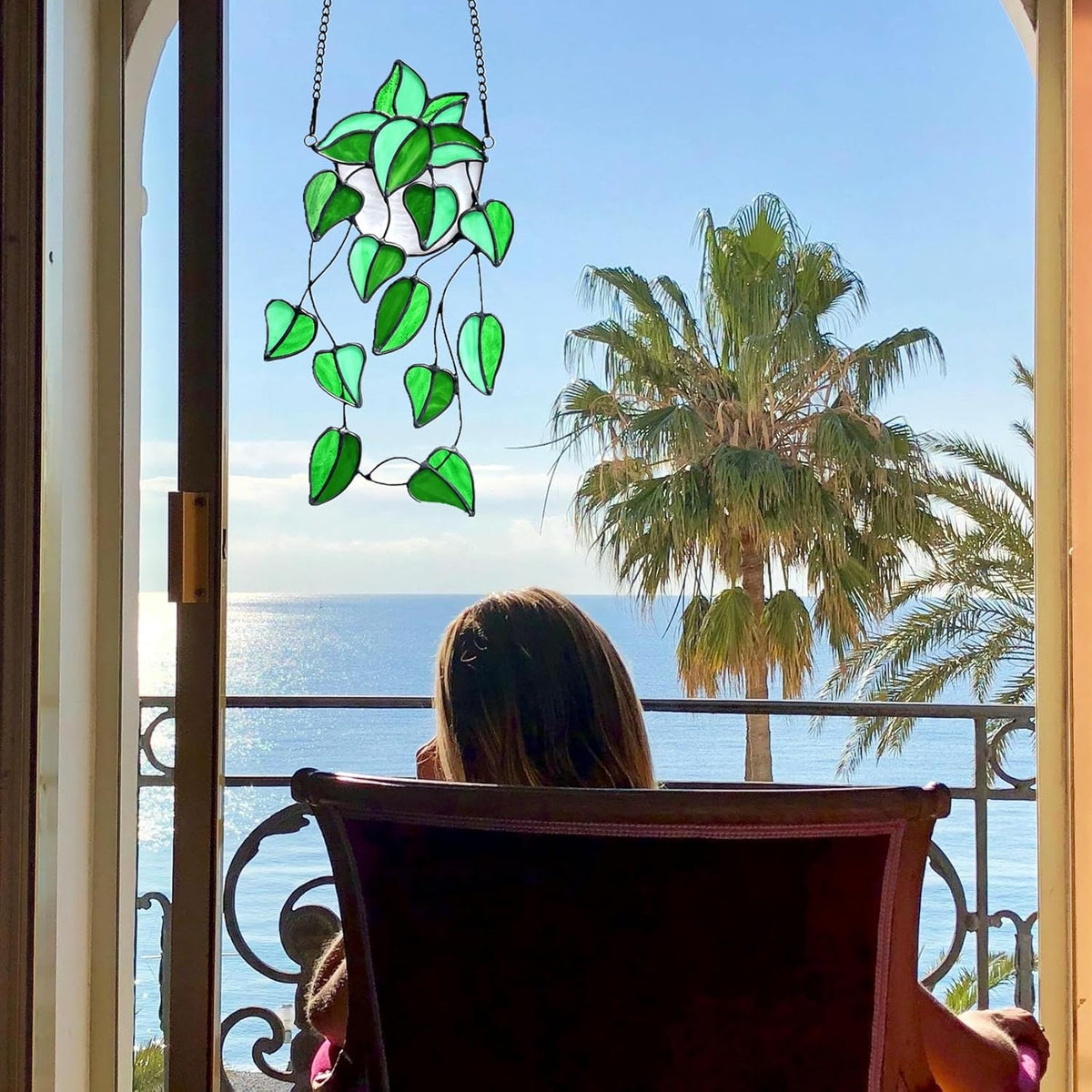 Green Faux Plants Stained Glass Window Hanging Suncatcher, Artificial Plants Decor Gift for Women