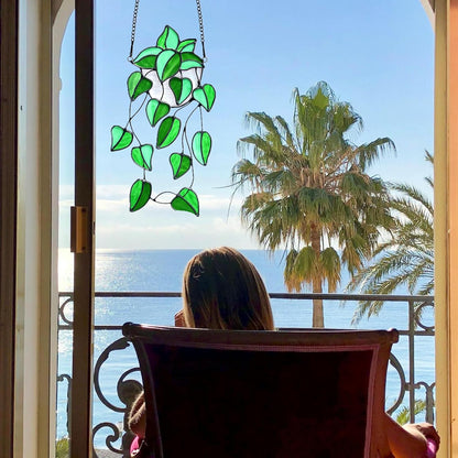 Green Faux Plants Stained Glass Window Hanging Suncatcher, Artificial Plants Decor Gift for Women