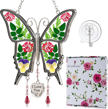 KY&BOSAM Gifts for Mom I Love You Butterfly Suncatcher with Pressed Flower Wings Mom Mother's Day